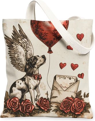 Generic Valentines Day Husky Dog Canvas Tote Bag for Shopping 13x15, Vintage Puppy Reusable Grocery Print Bag for Women, Lover Beach Aesthetic Painting Gift D
