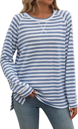 Generic Loose Tops for Women Casual Round Neck Striped Long Sleeve T Shirts Casual Loose Longline Pullover Cotton Blouse Tops Basic Comfy Breathable Warehouse