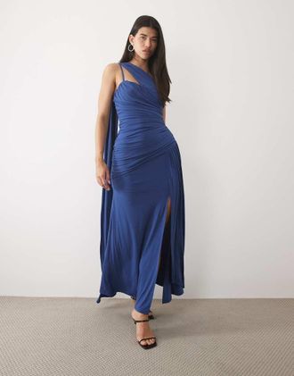 Tfnc abito lungo blu monospalla con dettaglio foulard e spalline sottili