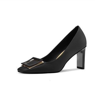 TinaCus Womens Genuine Leather Handmade Square Toe Mid Chunky Heels Stylish Pumps Shoes with Buckle D&eacute;cor, Black, 6 UK