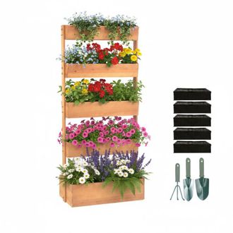Relaxdays Relaxdays vertical planter, wood, HxWxD 180x80x48 cm, 5-box raised bed, tiered balcony & terrace planter, fleece liners
