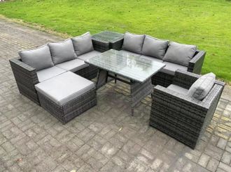 Fimous 8 Seater Wicker PE Rattan Garden Dining Set Outdoor Furniture Sofa with Patio Dining Table Armchair in Dark Grey
