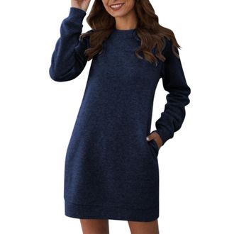 Generic Round Neck Long Sleeve Jumper Waist Dress for Women Blue Dress Womens Festive, b, L