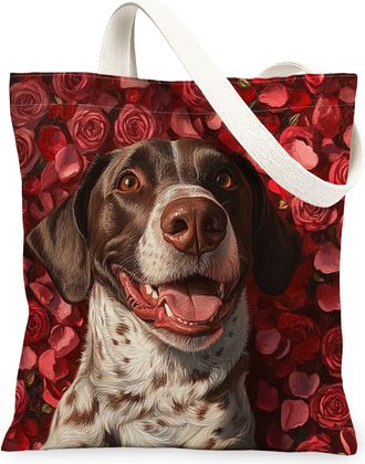 Generic Valentines Day Husky Dog Canvas Tote Bag for Shopping 13x15, Lover Rose Puppy Reusable Grocery Print Bag for Women, Pet Beach Aesthetic Painting Gift 