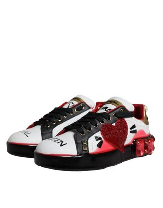 Dolce & Gabbana Womens White Red Crystals Leather Portofino Sneakers Shoes Calf