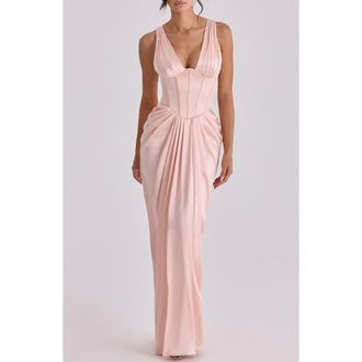 House of CB Angeline Sleeveless Satin Corset Gown in Blush at Nordstrom, Size X-Small A