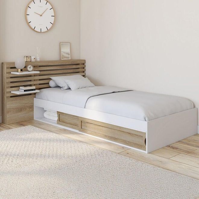 Cama Individual Savana Con Cabecero, Mesillas De Noche, Espacio De Almacenamiento Y Somier De 90 X 190 Cm En Haya Y Blanco
