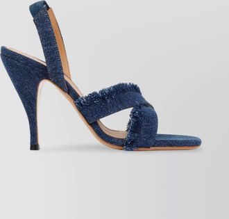 Off-white curvy heel denim sandal with fringed straps