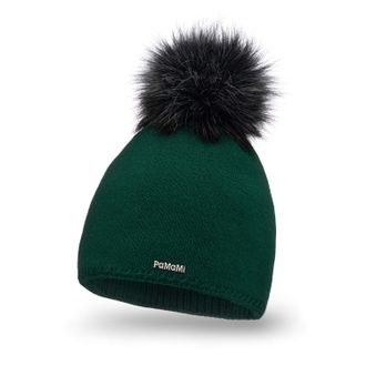 PaMaMi Winter Womens Warm Winter Hat with Faux Fur Bobble - Slouch Beanie Women - Bobble Hat for Women - Fleece Lined Womens Hat, Bottle Green, One Size Fits