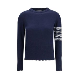 Thom Browne Fleece Wol Sweatshirt met Ribgebreide Zoom en Manchetten - Dames - Ronde hals truien - Blauw - XS - Wol - Truien & Vesten