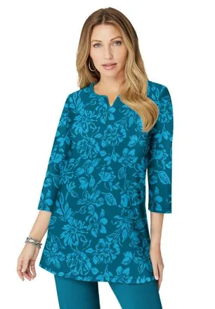 Roaman's Plus Size Three Quarter Sleeve Notch Neck Soft Knit Tunic in Teal Turquoise Floral at Nordstrom, Size 44