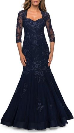 La Femme Long Lace Mermaid Gown with Square Neckline in Navy at Nordstrom, Size 10