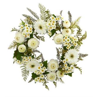 Nearly Natural 24-in Mixed Daisies and Ranunculus Wreath in White at Nordstrom