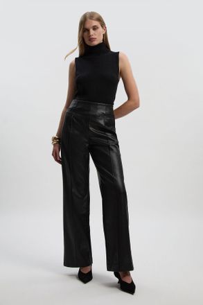 Karen Millen Womens Faux Leather Seam Detail Wide Leg Tailored Trouser - Black - Size 10 UK