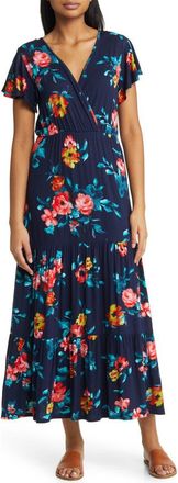 Loveappella Floral Tiered Faux Wrap Knit Maxi Dress in Navy/Coral at Nordstrom, Size X-Small