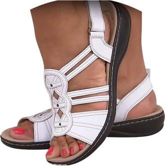 Generic Wide Fit Sandals for Women White Sandals for Women Open Toe Orthopedic Shoes Retro Leather Soft Sole Wedge Breathable Walking Sandal Summer Comfortabl