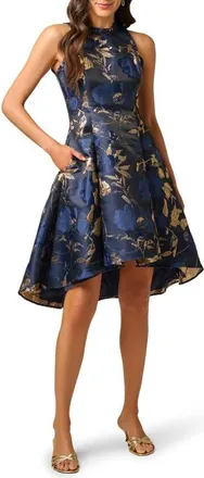 Adrianna Papell Jacquard Ruffle Sleeveless Cocktail Dress in Navy/gold at Nordstrom, Size 16