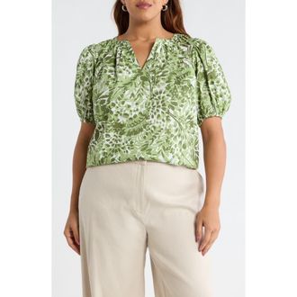 Sugarlips Irenan Leaf Gily Puff Sleeve Cotton Top in White-Olives at Nordstrom, Size 1X