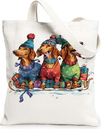 Generic Christmas Dogs Canvas Tote Bags, Winter Animal Illustration Reusable Grocery Bags, Lightweight Washable Shoulder Strap Canv, White, 13x15 Inch