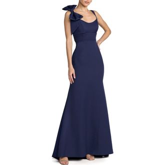 Mac Duggal Petite Sleeveless Crepe Gown with Scoop Neck and Bow Detail in Navy at Nordstrom, Size 12