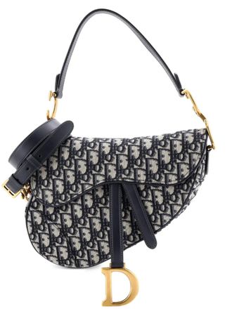 Dior Borsa a spalla Saddle media in tela con motivo Oblique con tracolla - Blu