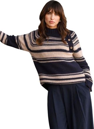 Celtic & Co. Pure Wool Stripe Button Neck Sweater in Dark Navy /Oatmeal at Nordstrom, Size Medium