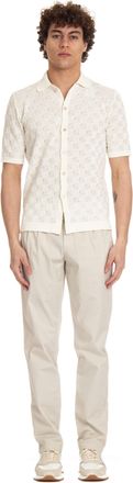 Eleventy Short-Sleeved White Checkered Polo Shirt with Mother-of-Pearl Buttons