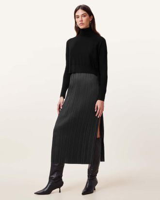 AllSaints Womens Merino Wool Vittoria 2-In-1 Pleated Midi Dress, Size: XS