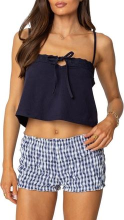 Edikted Odette Tie Front Crop Top in Navy at Nordstrom, Size X-Large