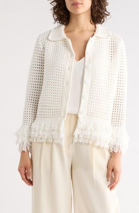Adrianna Papell Fringe Trim Open Stitch Cardigan in Ivory at Nordstrom Rack, Size X-Small