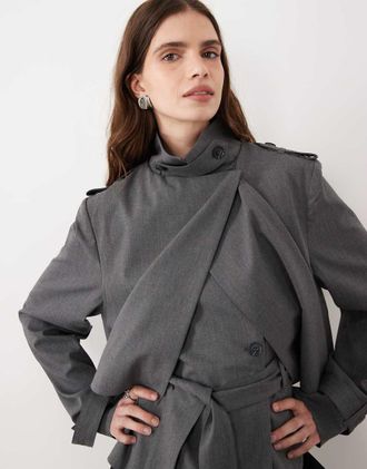 Asos premium trench corto sartoriale con collo a imbuto grigio-Nessun colore