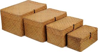 OEM Cesta De Almacenamiento De Mimbre Con Tapa Para Ba&ntilde;o, Sala De Estar Y Dormitorio (juego De 4) - Hecha De Forma Natural Con Junco Marino Trenzado A Man