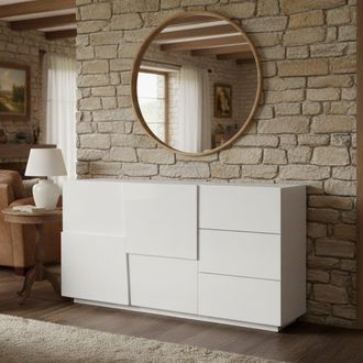 Dmora Aparador Xavier, Buffet De Sal&oacute;n, Aparador De Sal&oacute;n Con 2 Puertas Y 3 Cajones, 180x44h86 Cm, Blanco Brillo, Con Embalaje Reforzado - Dmora