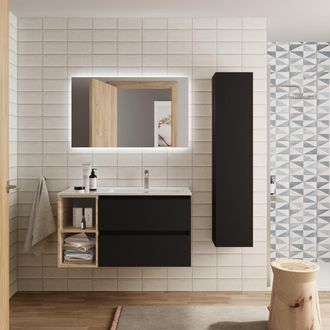 Cygnus Bath Mueble Ba&ntilde;o Bequia 100 Cm Negro Y Coqueta Izquierda Roble Con Lavabo