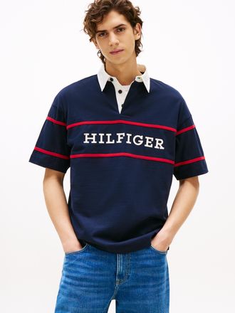 Tommy Hilfiger Rugbyshirt TOMMY HILFIGER AMERICANA COLOURBLOCK SS RUGBY, Herren, Gr. L, blau (desert sky), Sweatware, Obermaterial: 100% Baumwolle, Shirts Rugbyshirt