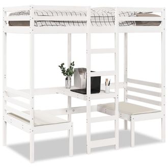 Berkfield Home Loft Bed Frame with Desk & Chairs White 90x200cm Solid Wood Pine | Size: 90x200 cm