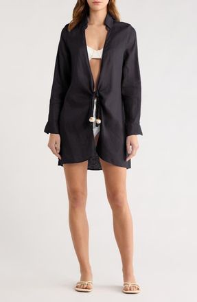 Elan Tie Front Long Sleeve Linen Cover-Up in Black at Nordstrom, Size X-Large