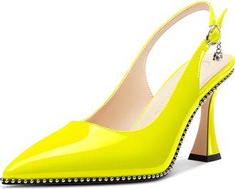 Castamere Womens Slingback Kitten Heel Close Pointed Toe Pumps Court Shoe Chunky Wedding Party Dress Shoes 9 CM Heels Yellow 3.5 UK