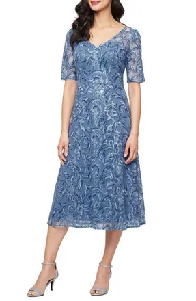 Alex Evenings Embroidered Tulle Cocktail Dress in Dusty Blue at Nordstrom, Size 8