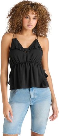 Steve Madden Mina Blouse Top Women Black Ruffle Trim V-Neck Sleeveless PALL446