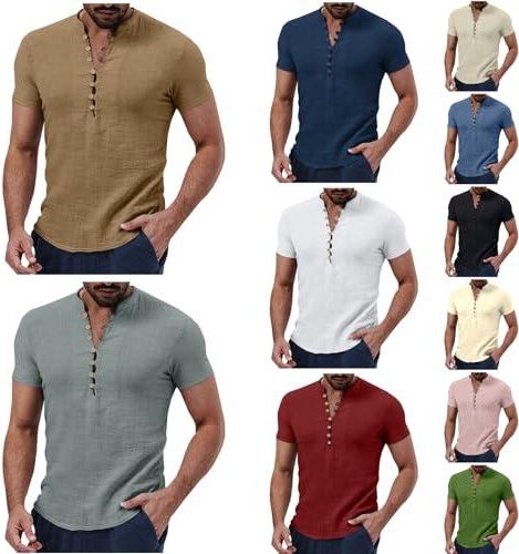 Onsoyours Chemises Casual Homme Chemise Col Mao Homme Chemise Ete Homme Bouton Chemise Homme Manches Courtes Poids LéGer Chemise Pour L'éTé Casual
