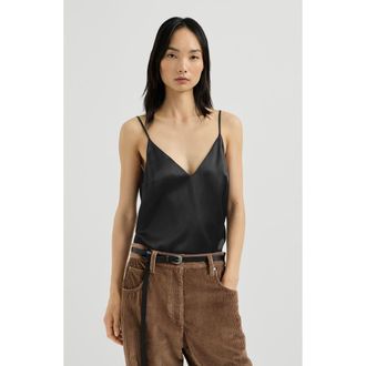 Brunello Cucinelli Stretch silk satin camisole in Black at Nordstrom, Size Xxx-Large