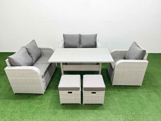 Fimous High Back Poly Rattan Garden Furniture Set w/ Reclining Chair Loveseat Sofa Rectangular Dining Table Indoor Outdoor Patio Set 2 Stool Light