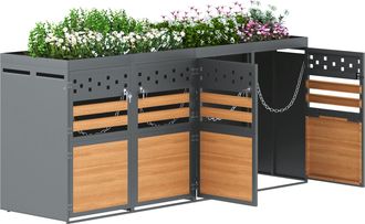 STILVORA Cofre Para Cubos De Basura 4 Compartimentos Con Techo Para Plantas, Acero Galvanizado Antracita, Puertas Efecto Madera