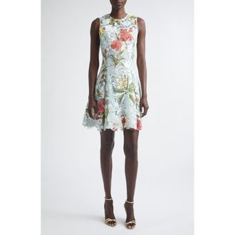 Oscar De La Renta Floral Print Guipure Lace Dress in Saltwater Multi at Nordstrom, Size 10