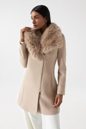Salsa Wolljacke SALSA Salsa Jeans Wollmantel Wool Coat With Fur Collar, Damen, Gr. XS, beige, Obermaterial: 70% Wolle WO. 25% Polyester PES. 5% sonstige Fas