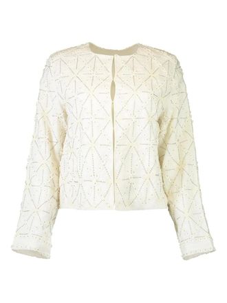 Christy Lynn Jessie beaded geometric-pattern fitted jacket - women - Linen/Flax - 6 - White