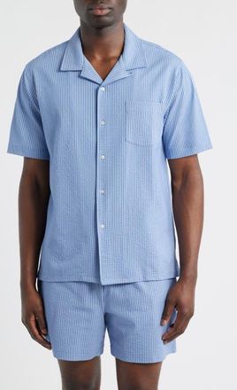 Daniel Buchler Pinstripe Seersucker Pajama Camp Shirt in Blue Stripe at Nordstrom, Size Xx-Large