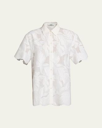 Erdem Floral Cutwork Cotton Short-Sleeve Button-Down Shirt