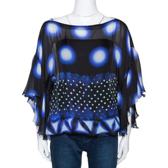 Roberto Cavalli Blue & Black Printed Silk Sheer Blouse
